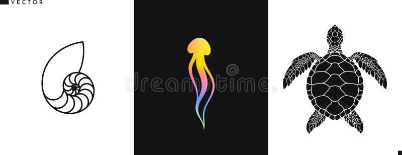 Bright ocean symbol. Isolated jellyfish nautilus shell and turtle royalty free illustration