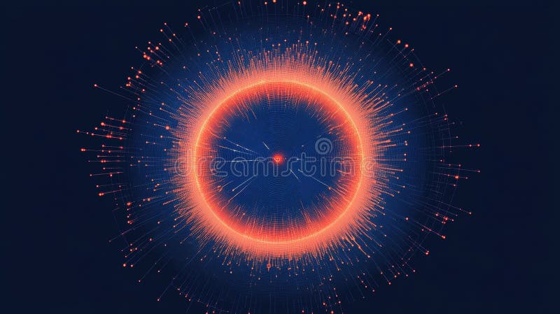 Bright orange circular shape emitting light beams on dark blue background stock image