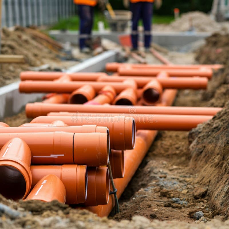 Bright orange PVC pipes are arranged in a trench, likely for construction or utility work. royalty free illustration