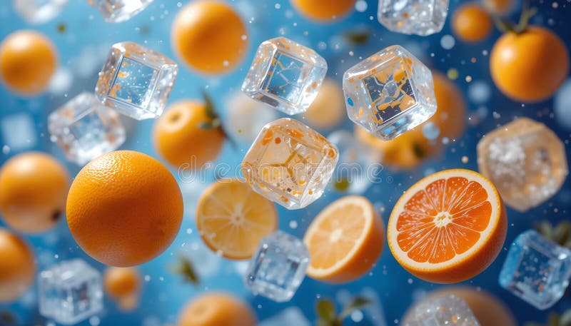 Floating Oranges and Ice Cubes Create a Vibrant and Refreshing Visual in a Dynamic Arrangement Against a Blue Background royalty free illustration