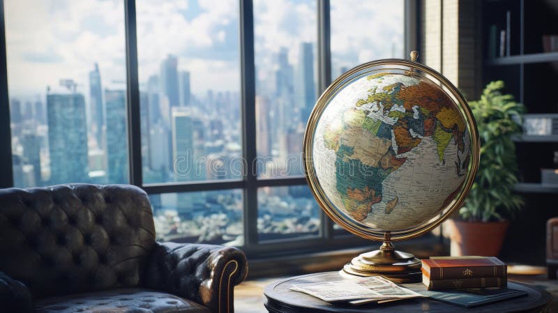 Bright photo of globe in an indoor setting exploring global themes stock illustration