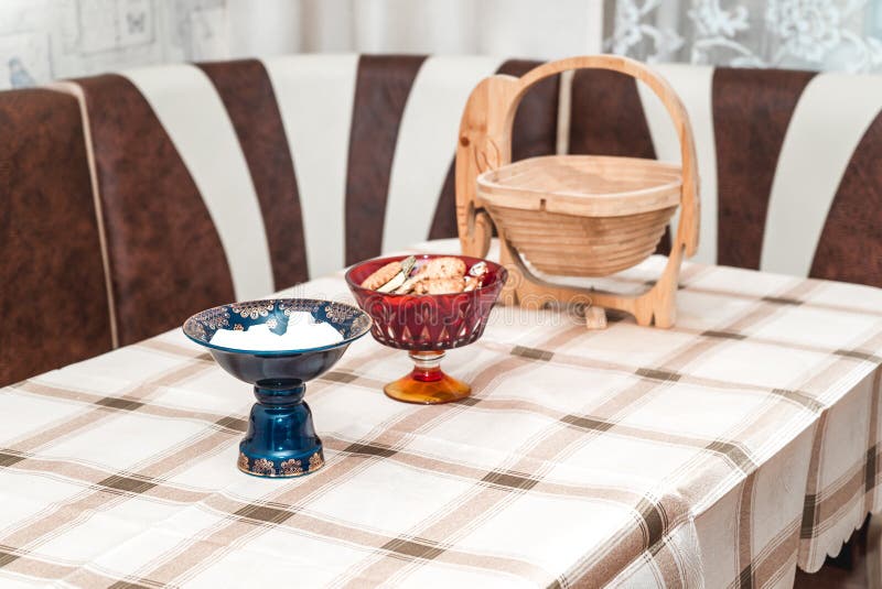 The bright photo of a table with costing on it plates stock photography