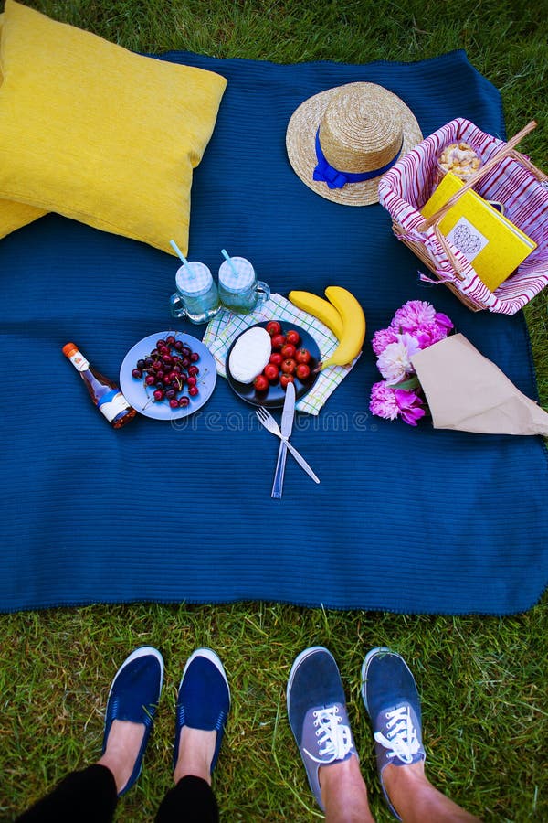 Bright picnic on the nature-flowers, delicious food, a loving couple. stock photography Bright picnic on the nature-flowers, delicious food, a loving couple. stock photography