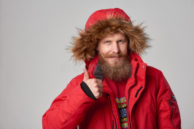 Man in Red Winter Jacket Standing with Umbrella Stock Image - Image of ...