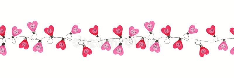 Colorful Valentine`s Day Holiday Intertwined Heart Shape String Lights on White Background Vector Seamless Border