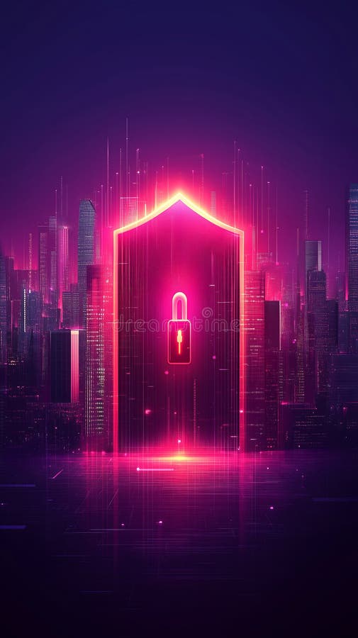 Digital lock on glowing shield in cyber city stock illustration