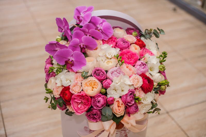 Bright Pink Flower Bouquet in Round Box with Lid Stock Image Image of