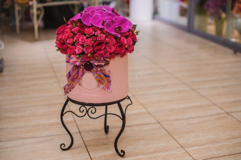 Bright Pink Flower Bouquet in Round Box with Lid Stock Image Image of