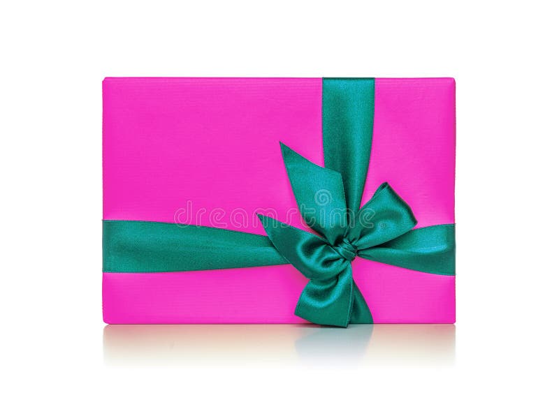 Bright Pink Gift Box with Green Ribbon. Stock Image Image of white
