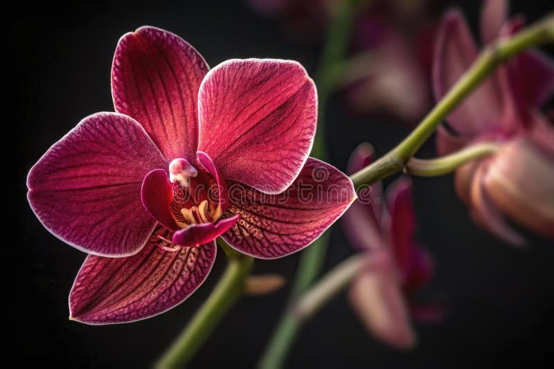 Bright pink orchid blossoms displaying intricate details in a dark background setting royalty free illustration