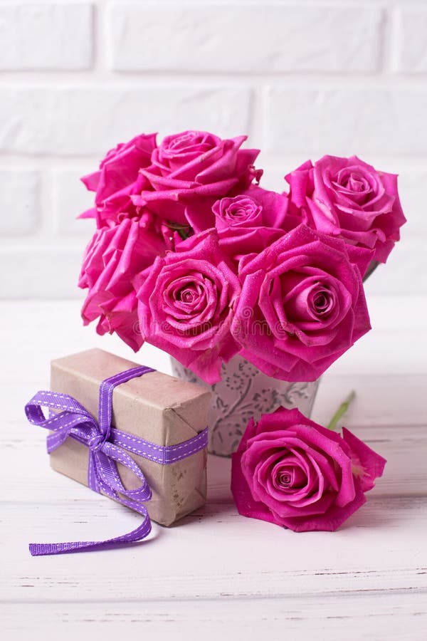 Bright Pink Roses Flowers in Pot and Box with Present Stock Photo ...