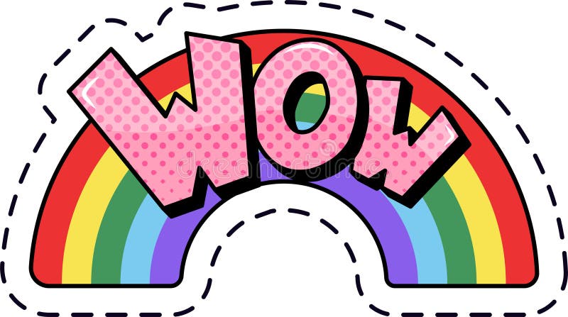 Bright pink wow pop art lettering set against a vibrant rainbow, surrounded by a dotted background and bordered with vector illustration