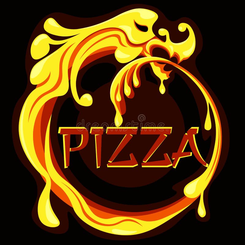Bright pizza logo in the form of a dragon with melted cheese stock illustration