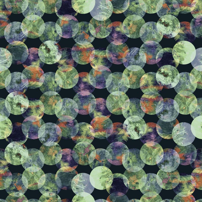 Bright polka dot abstract geometrical circles grunge colorful splashes texture watercolor seamless pattern design in soft green royalty free stock photography