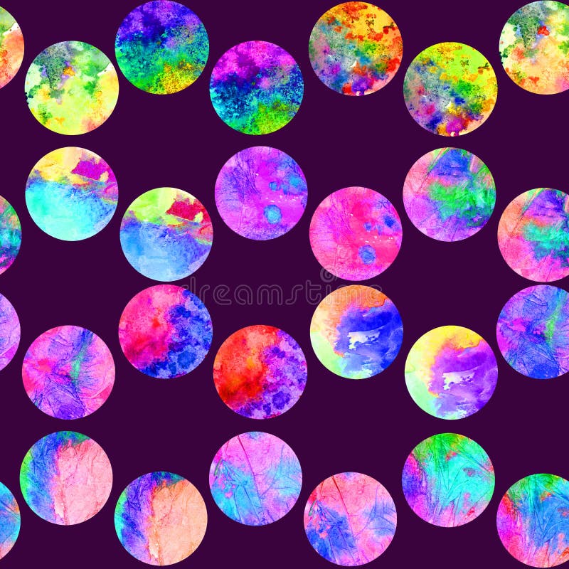 Bright polka dot abstract grunge colorful splashes texture watercolor seamless pattern design in blue, pink, yellow stock photography