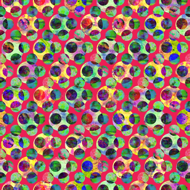 Bright polka dot abstract grunge colorful splashes texture watercolor seamless pattern design in green, yellow, red royalty free stock images