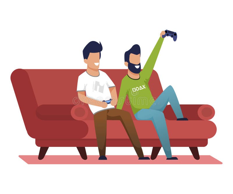 Bright Poster Video Games at Home with Friends. Opportunity to Spend Family Days or Evenings at Home. Men Sit on Couch and Play Video Games with Help Console Cartoon. Vector Illustration.