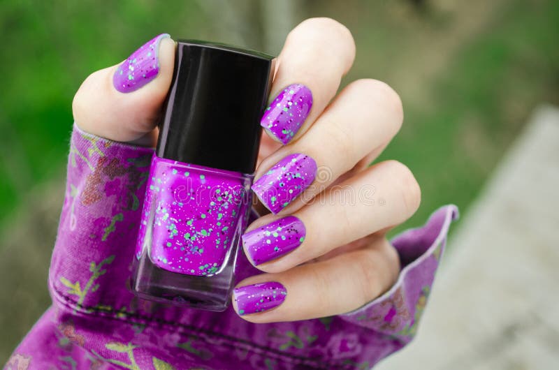 Bright Purple Nail Art Manicure. Holiday Style Nails with Neon Glitter  Stock Photo - Image of gold, fingernails: 227277716