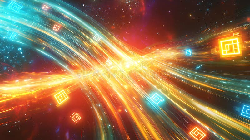 Quantum Circuit with Swirling Gate Icons | Pythonic Quantum Library in Cosmic Flow stock illustration