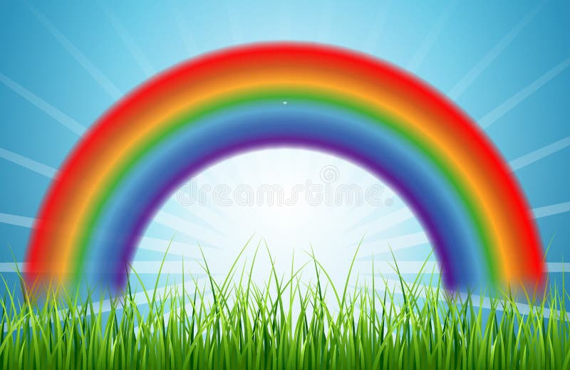Bright rainbow blue sky with rising sun and green grass stock illustration