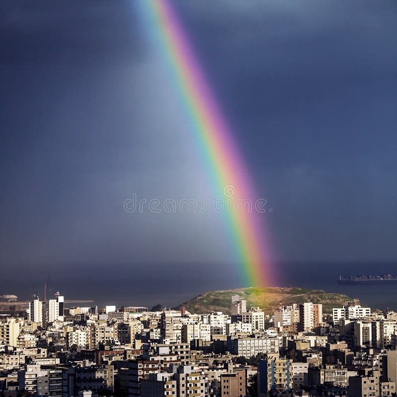 Photo of bright colorful rainbow over city, sun shining in rainy day, beautiful colors phenomenon in dark blue sky, overcast weather, nature landscape in the town, rain season. Photo of bright colorful rainbow over city, sun shining in rainy day, beautiful colors phenomenon in dark blue sky, overcast weather, nature landscape in the town, rain season