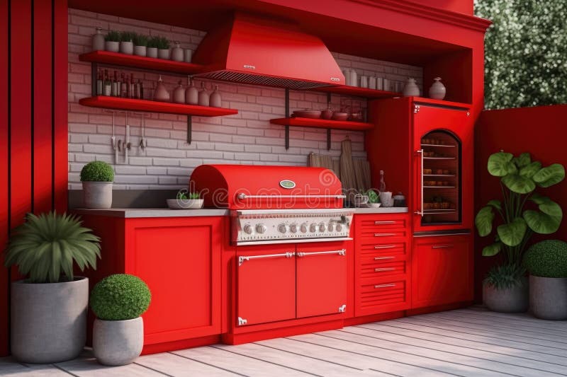 Bright Red Beautiful Summer Kitchen with Backyard Grill Stock Image