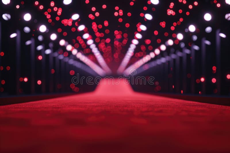 A bright red carpet with colorful lights shining in the background stock photos