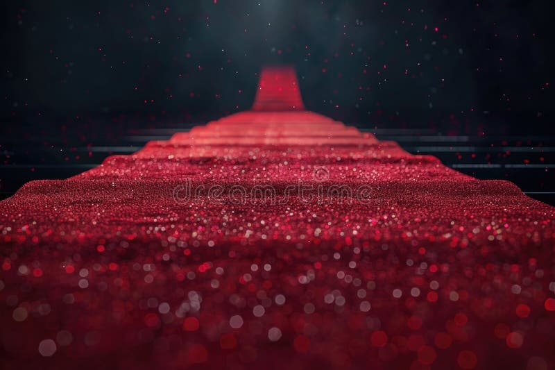 A bright red carpet covered in sparkly glitter stock photo