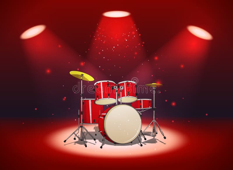 Bright Red Drum Set in the Light of Spotlights Stock Vector