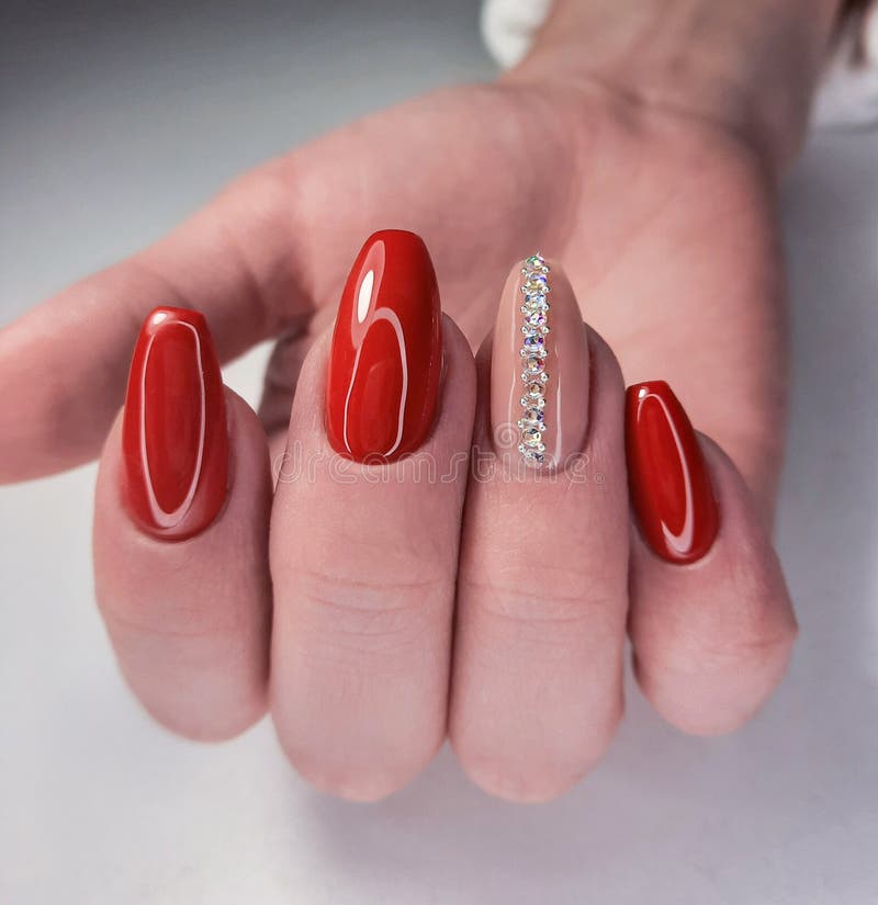 Bright Red Gel Polish on Long Nails with Beige Design and Stripes ...