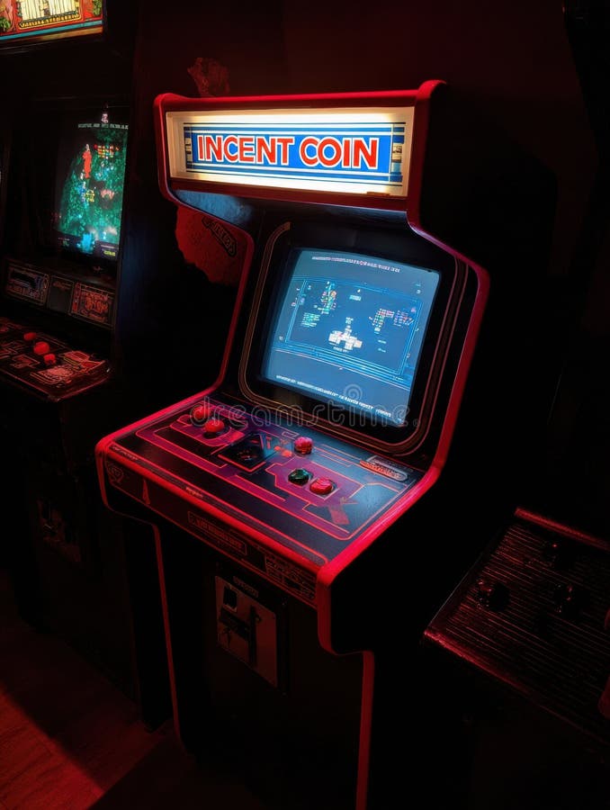 Glowing Red Arcade Insert Coin Screen in Retro Gaming Area With Clean Surroundings