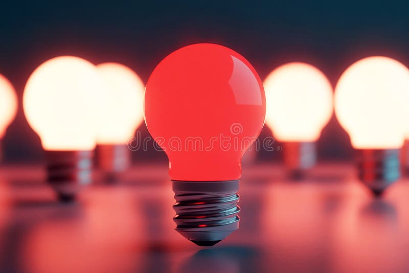 Bright red light bulb stands out among several softly glowing warm white lightbulbs stock image