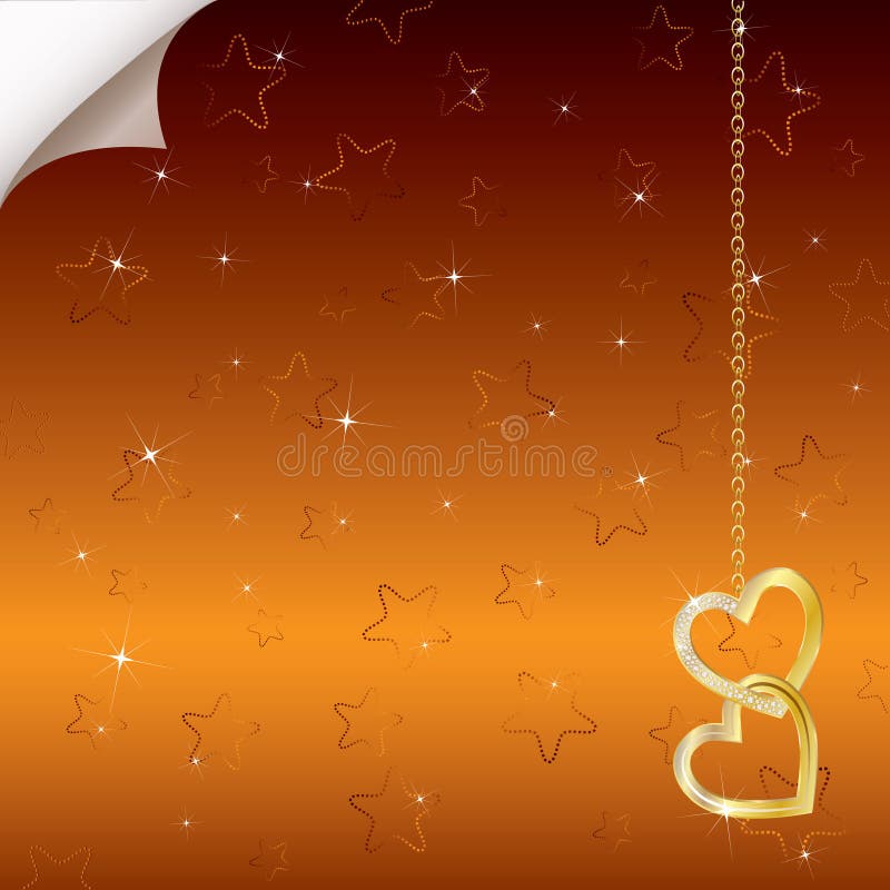 Bright romantic background with two golden hearts