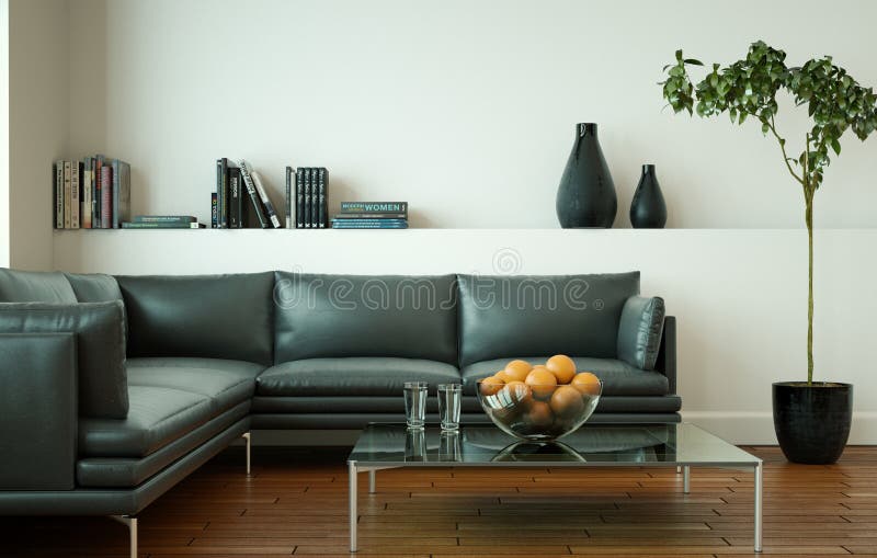 Bright Room with Black Leather Sofa and Table Stock Illustration Illustration of furniture