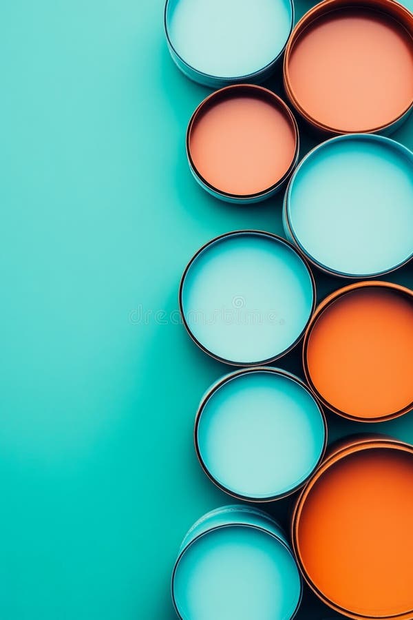 Bright round containers in varying colors sit on a turquoise surface, creating an eye-catching arrangement that royalty free stock photos