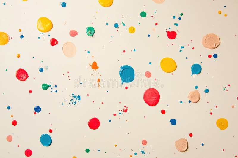 Bright round paint spots create a colorful pattern on a light beige background with minimal splash effects in an royalty free stock photography