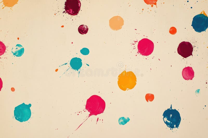 Bright round paint spots create a playful atmosphere on a minimal light beige background with subtle splash effect stock images