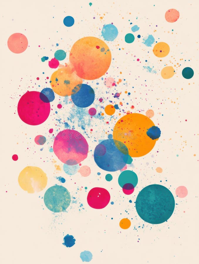 Bright round paint spots create a playful pattern on a light beige background with minimal splash effect stock photography