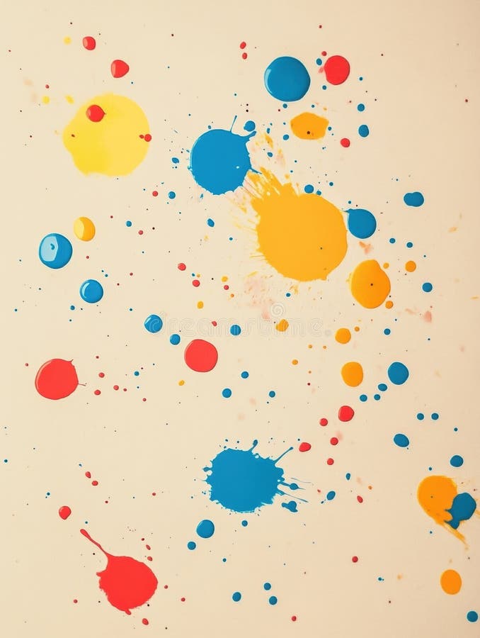 Bright round paint spots create a vivid design against a light beige background with minimal splash effects enhancing stock photo