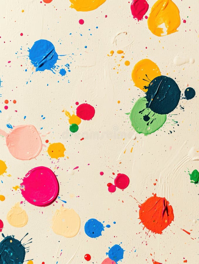 Bright round paint spots scattered across a light beige background with minimal splash effects create a playful and stock photography