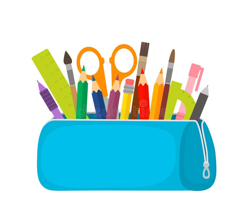 Bright school pencil case with filling school stationery such as pens, pencils, scissors, ruler, tassels. concept of September 1