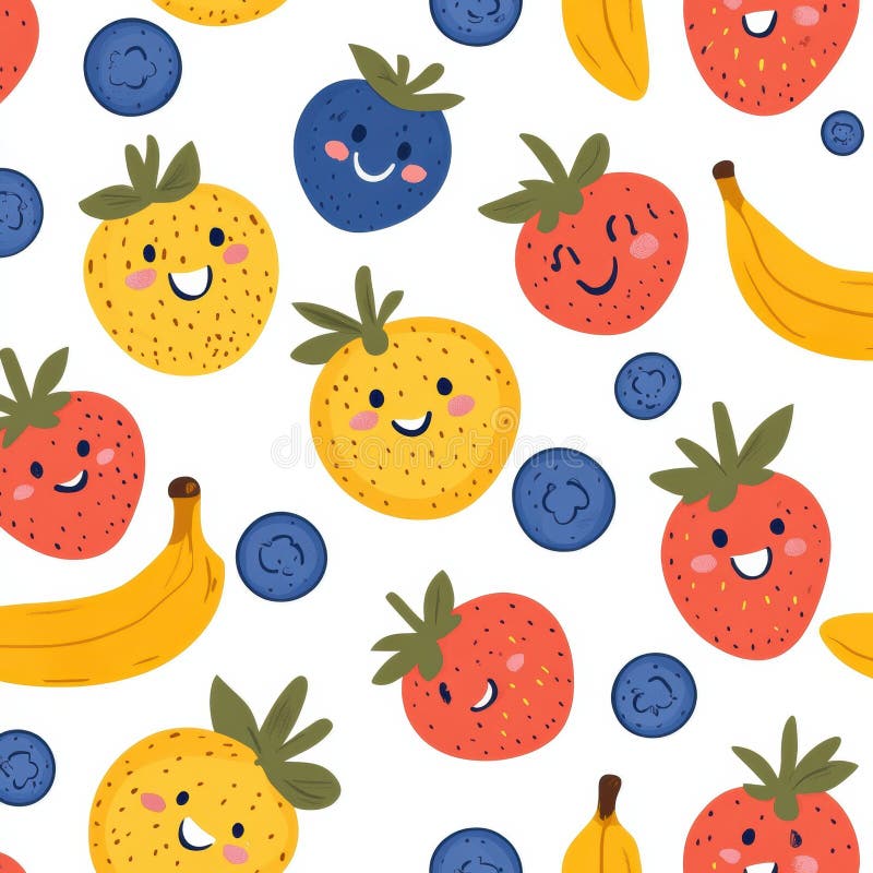 Cheerful cartoon fruits with smiling faces create a delightful baby pattern. The vibrant strawberries, blueberries, bananas, and oranges radiate fun and joy. Seamless pattern bright oranges stock images, royalty-free photos and pictures
