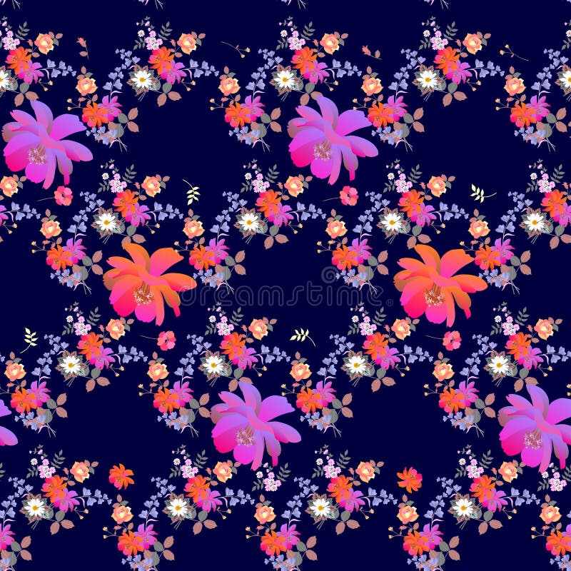 Bright seamless floral pattern with poppies, roses, daisies, bell and cosmos flowers in watercolor style on dark blue background. royalty free illustration Bright seamless floral pattern with poppies, roses, daisies, bell and cosmos flowers in watercolor style on dark blue background. royalty free illustration
