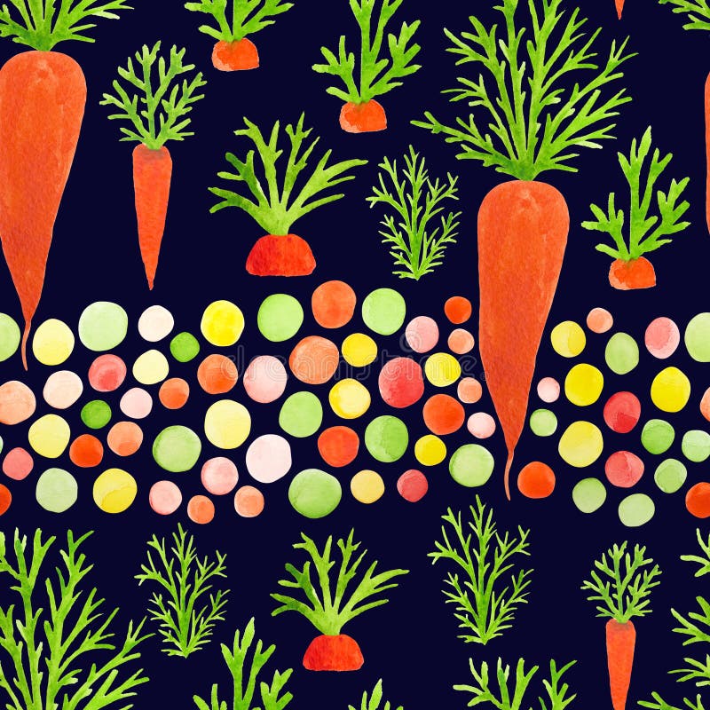 Bright seamless pattern with watercolor carrots for little girls, princesses, who like to play in the garden. Seamless pattern wit stock illustration Bright seamless pattern with watercolor carrots for little girls, princesses, who like to play in the garden. Seamless pattern wit stock illustration