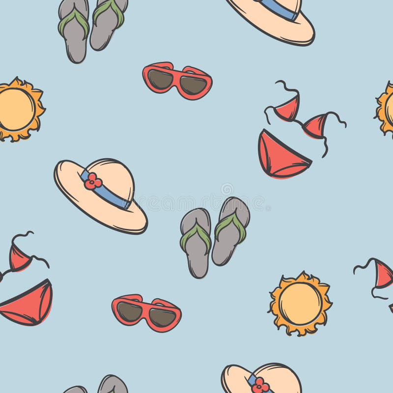 Bright seamless summer pattern with hat, sun and swimsuit. Vector editable background for gift paper. stock illustration