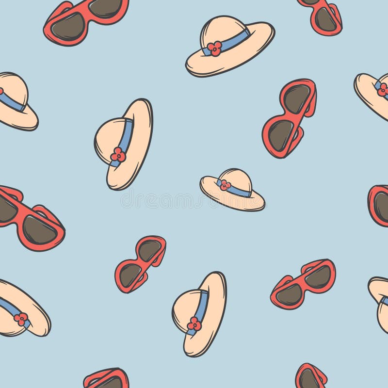 Bright seamless summer pattern with hat and sunglasses. Vector editable background for gift paper. vector illustration