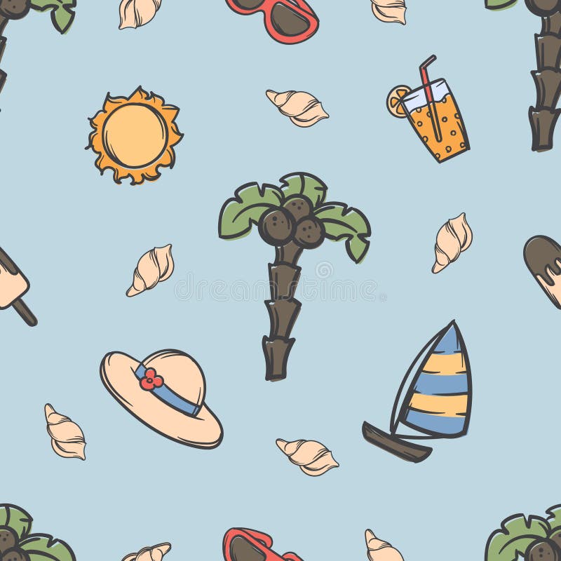 Bright seamless summer pattern with palm tree, sailboat and hat. Vector editable background for gift paper. royalty free illustration