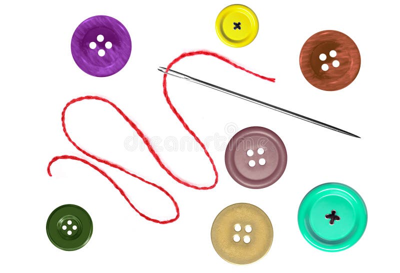 Bright sewing buttons and needle with thread isolated on white background