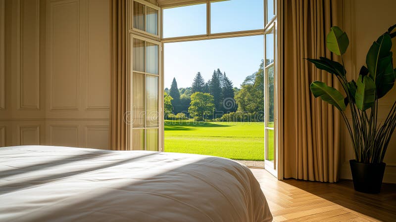 Bright and spacious bedroom with large windows showcasing lush green landscape outside. sunlight streams in, creating warm and stock illustration