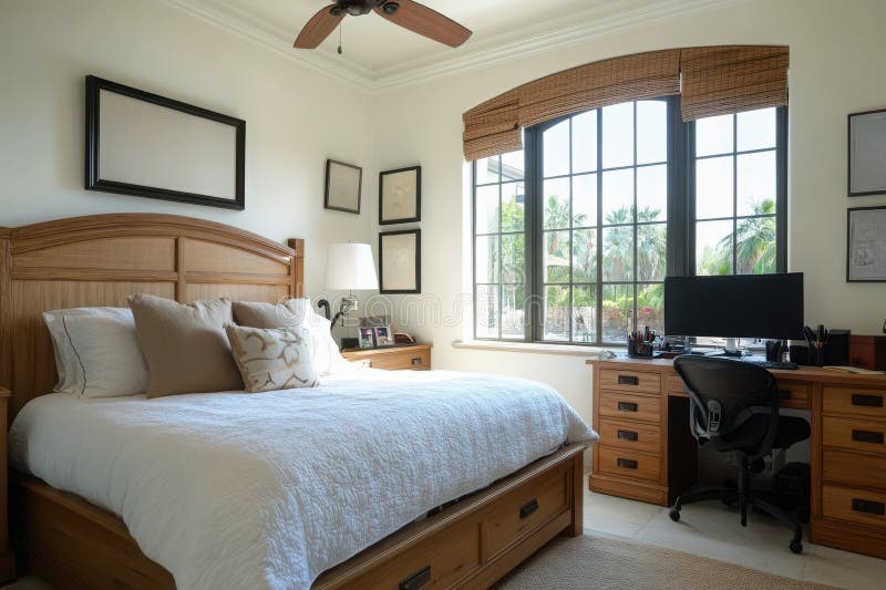 A bright and spacious bedroom with a seamlessly integrated home office for comfort and productivity vector illustration